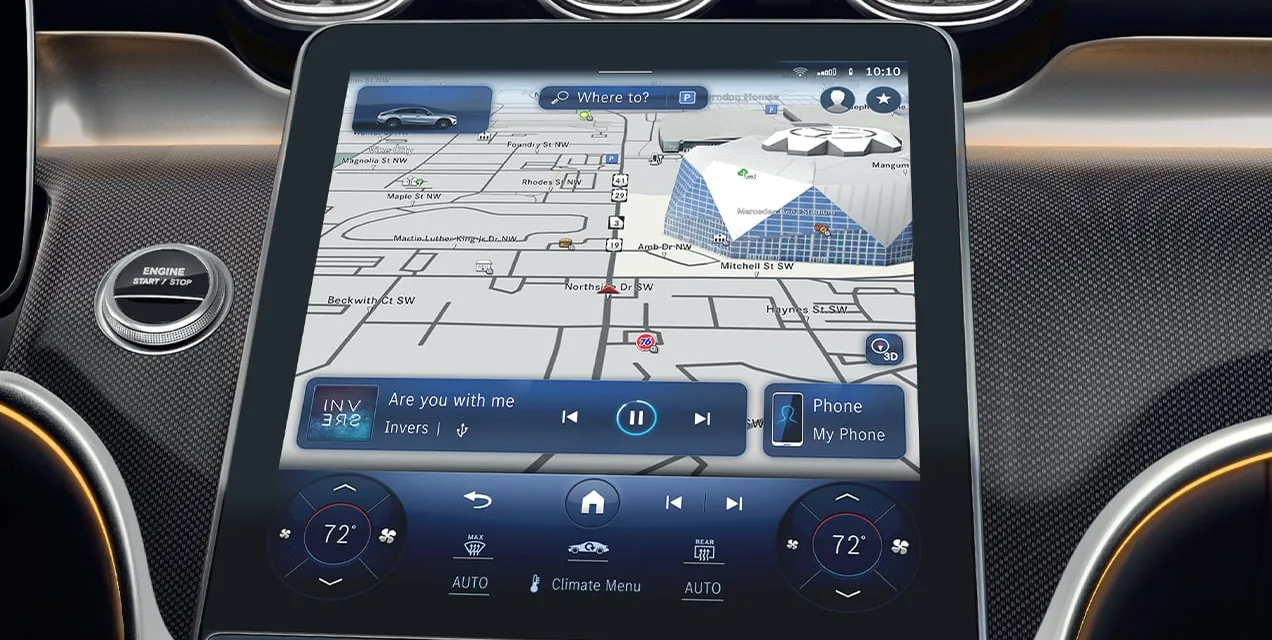 GLC touchscreen showing MB Navigation with a 3D map