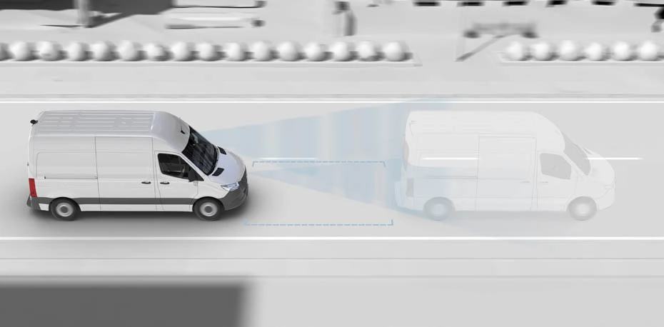 Illustration of a white Sprinter van sensing a ghosted van ahead of it, with radar beams between the two