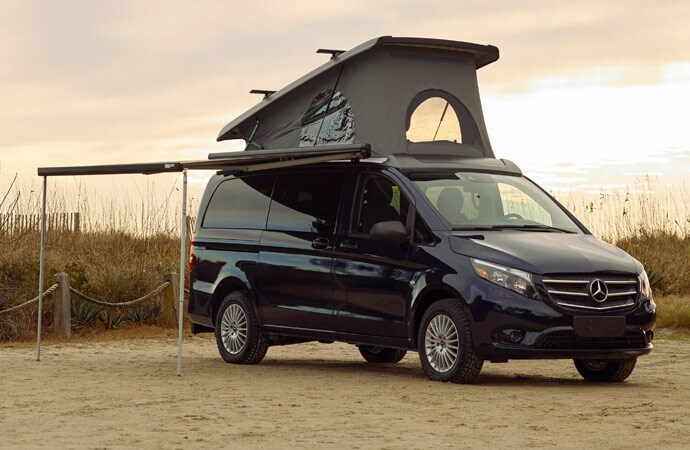 Mercedes-Benz Metris Getaway Van with the pop-top up and optional awning