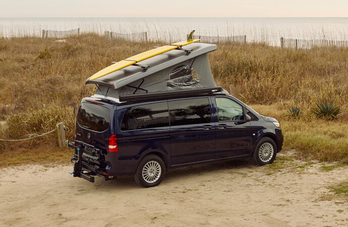 Mercedes-Benz Metris Getaway fitted with an optional bike rack and roof rack