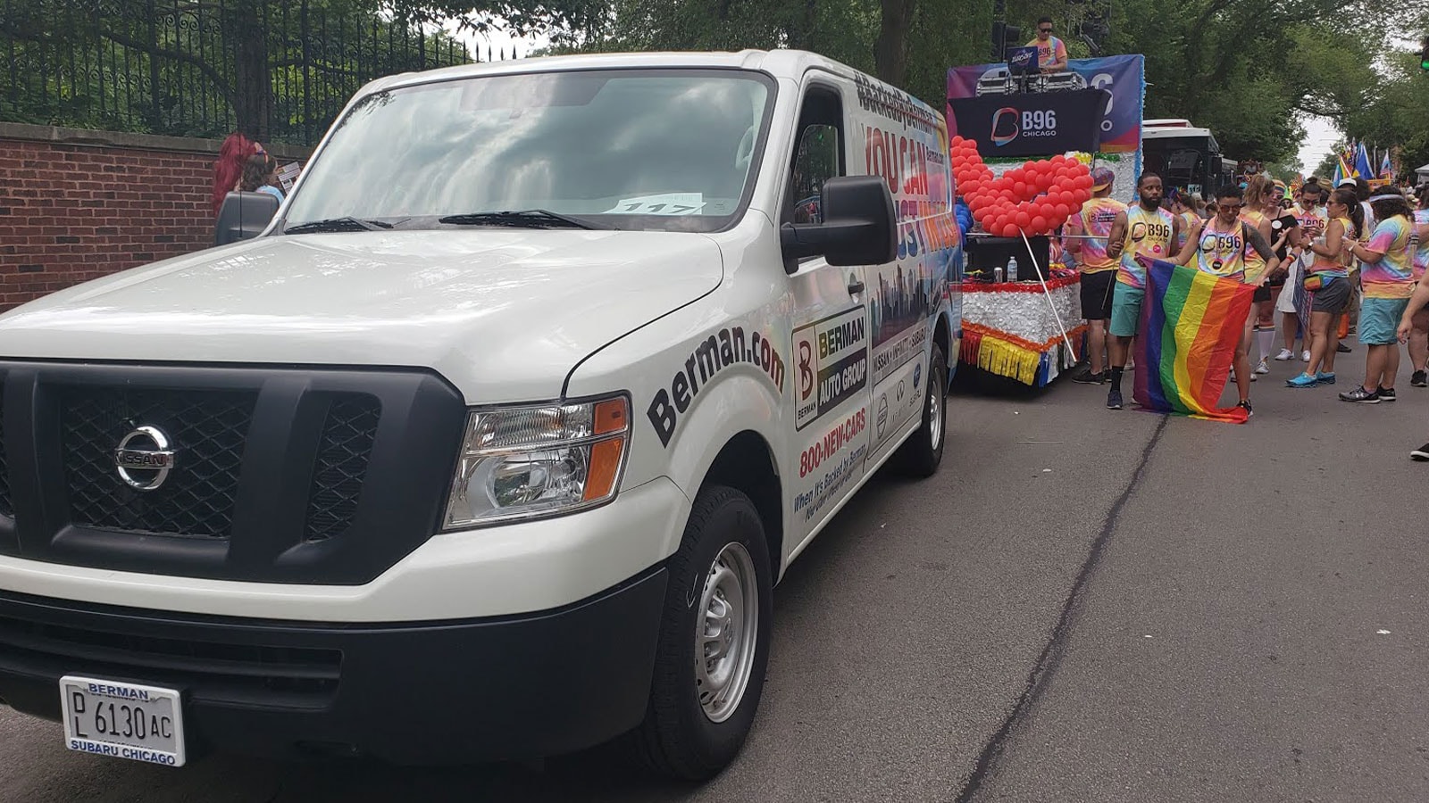 Berman Bus pulling B96 float at 2019 Chicago Pride Parade