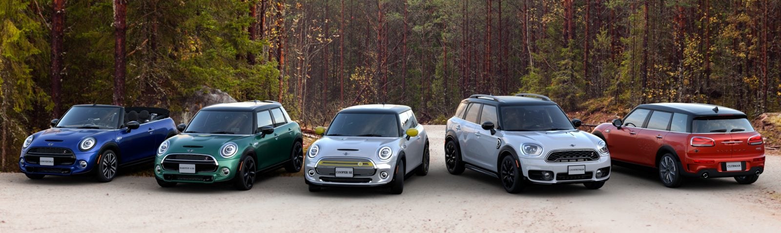 MINI family of vehicles with forest background.