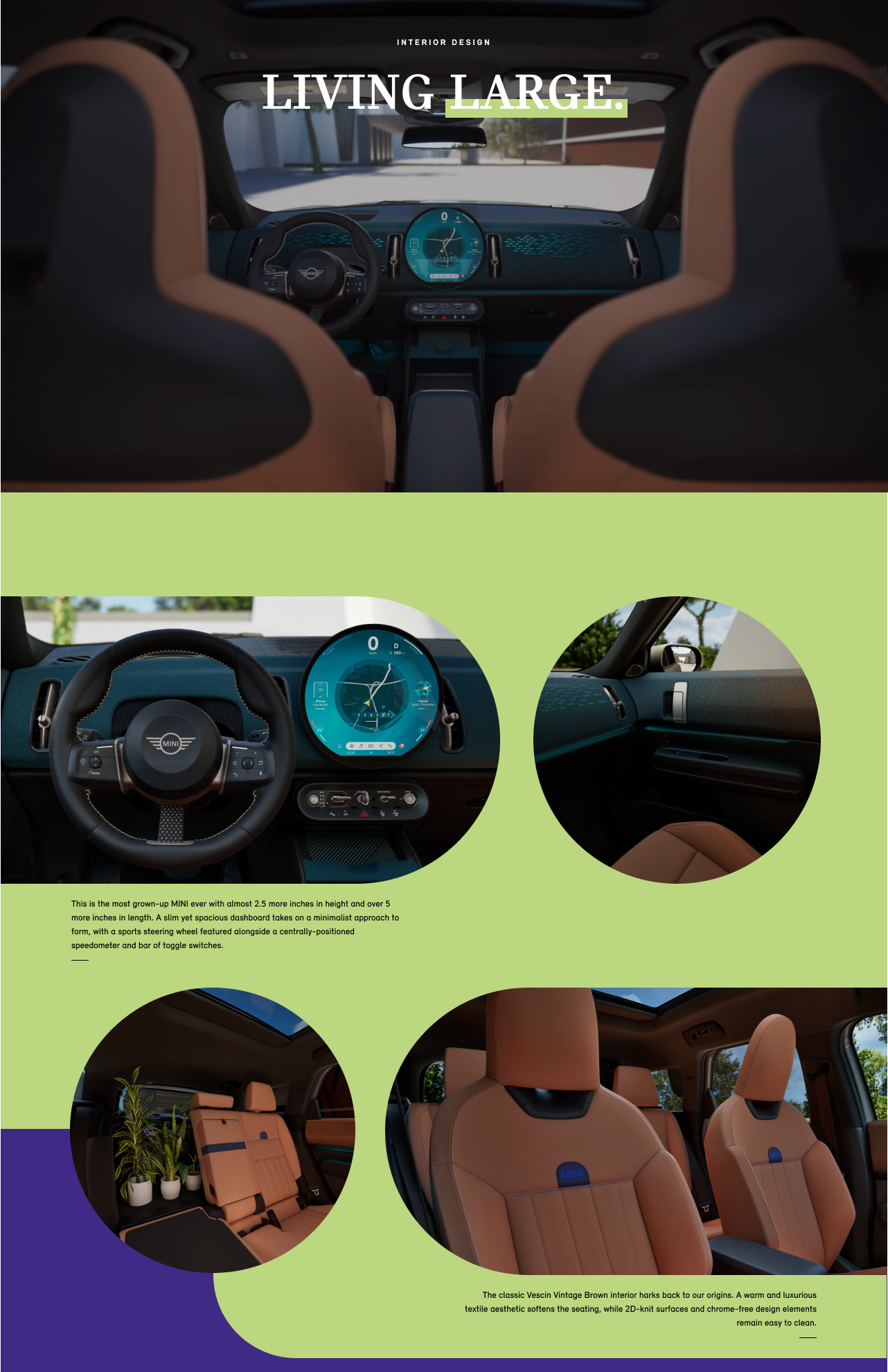 View of the front row and dashboard of a MINI Countryman S ALL4 from the perspective of the back row. Also featuring close-up views of front-passenger door, the Vescin Vintage Brown interior, and a view of the dashboard.