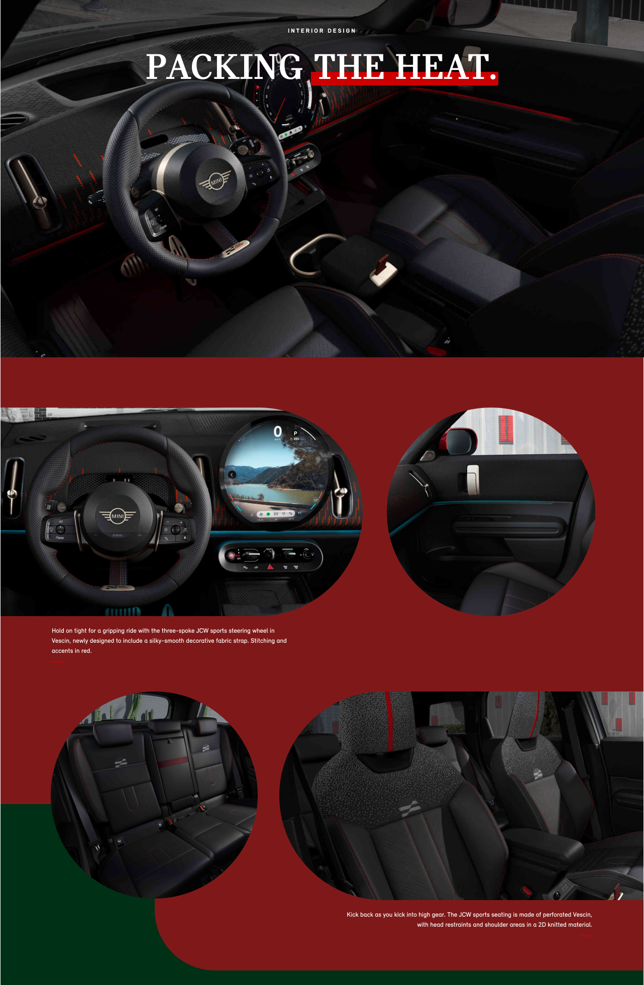 Overhead view of the front row and dashboard of a MINI JCW Countryman ALL4 from the perspective of the driver's seat. Close-up shots of steering wheel, passenger seat, and rear seats.
