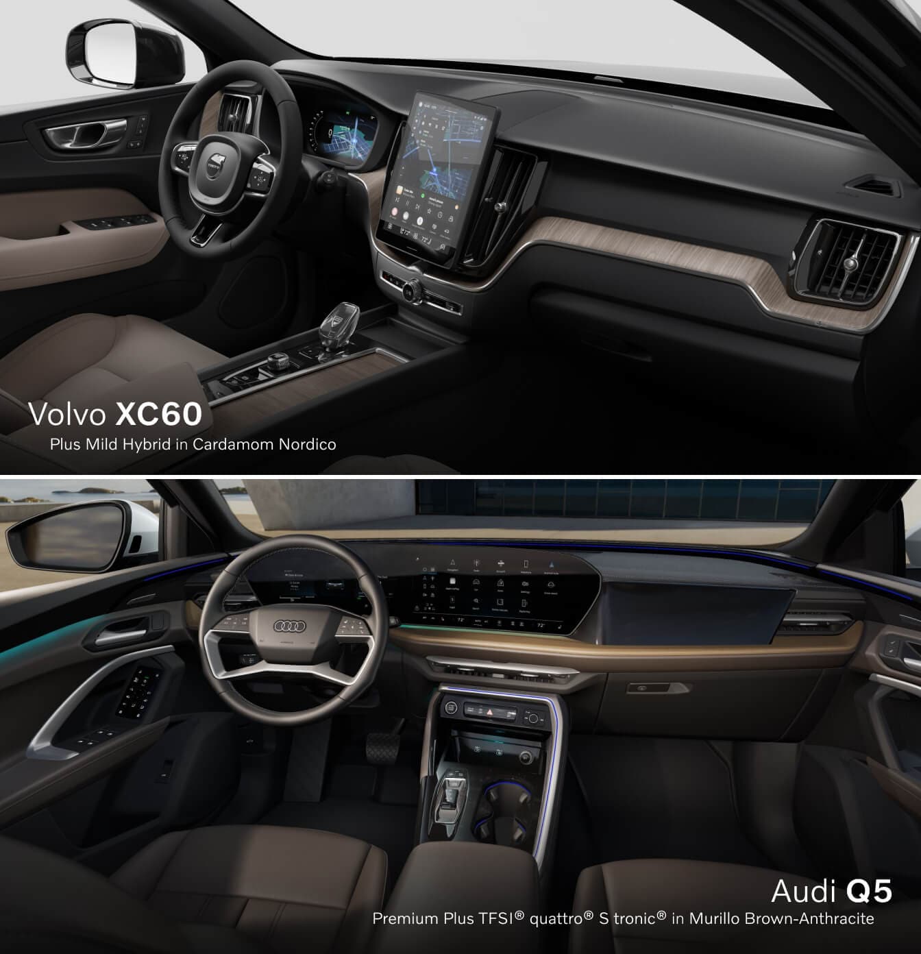 Top: Cardamom Nordico interior of a Volvo XC60 / Bottom: Murillo Brown-Anthracite interior of an Audi Q5