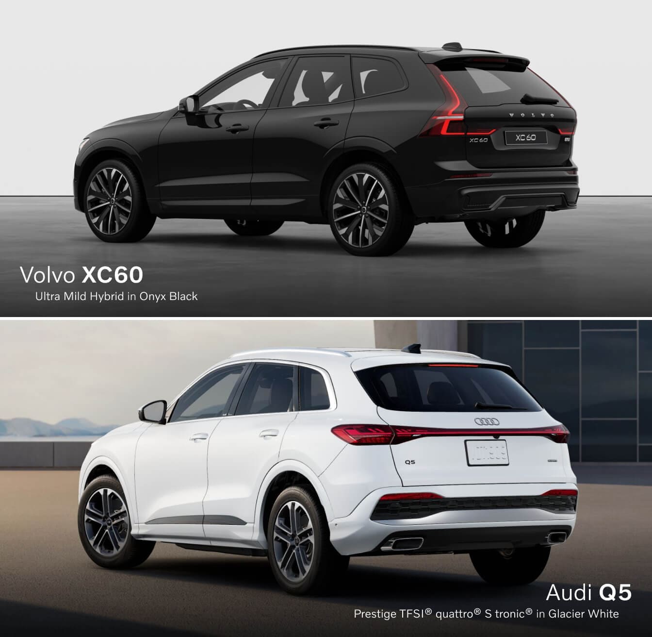 Top: Volvo XC60 Ultra Mild Hybrid in Onyx Black/Bottom: Audi Q5 Prestige TFSI quattro in Glacier White