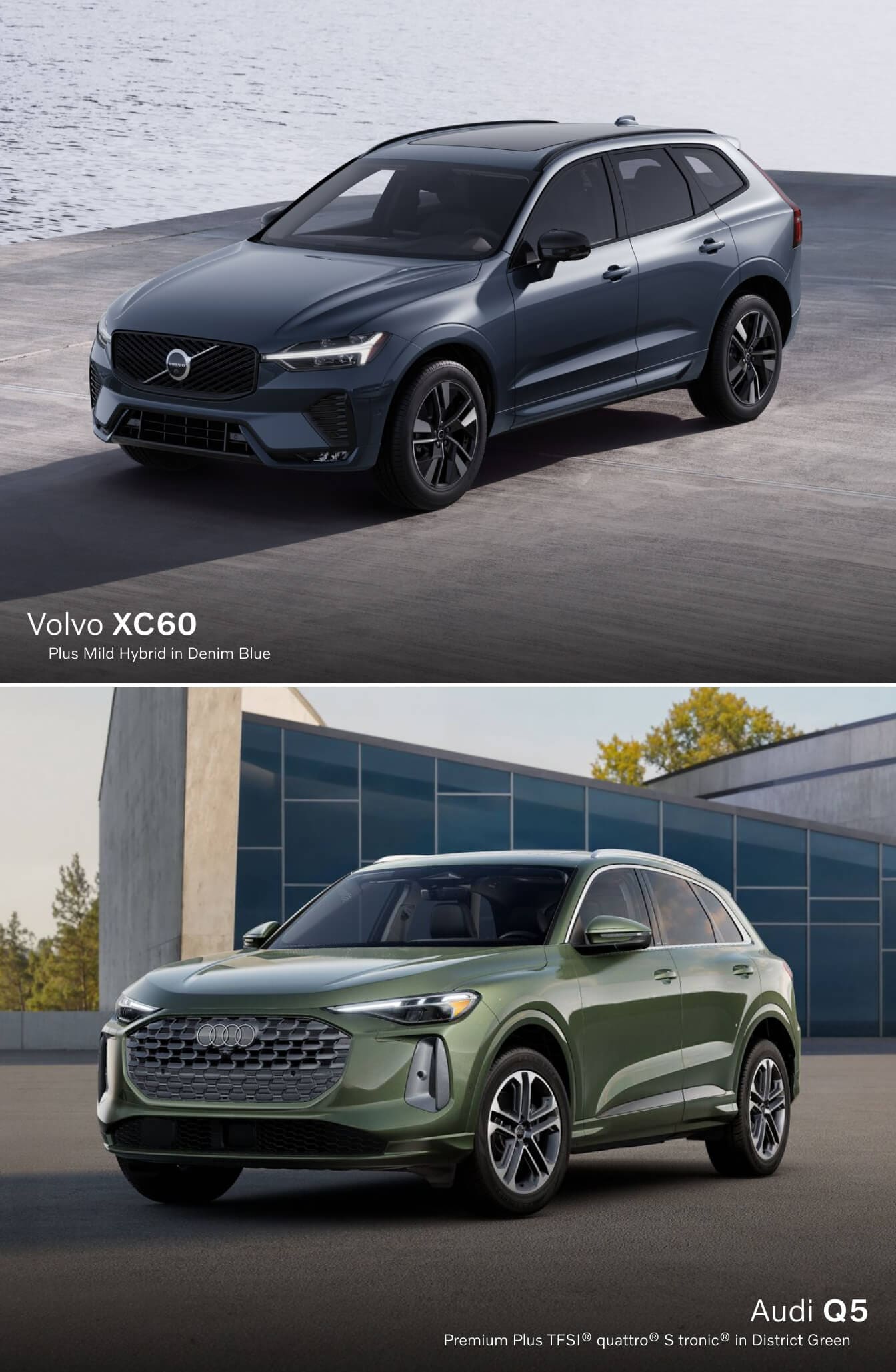 Volvo XC60 Plus Hybrid in Denim Blue sitting on a concrete pier