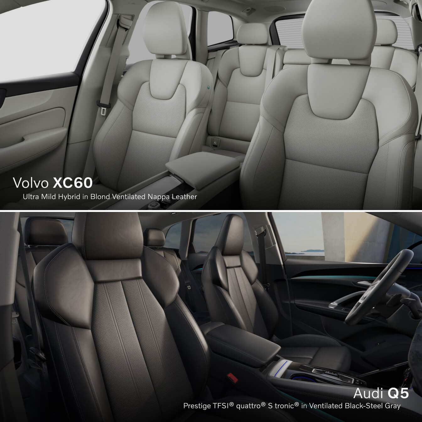 Top: Blond Ventilated Nappa leather interior of a Volvo XC60 Ultra Mild Hybrid / Bottom: Ventilated Black-Steel Gray interior of an Audi Q5 Prestige TFSI quattro