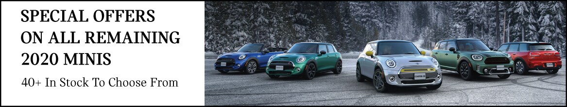 Special offers on all reamining 2020 MINIs. 40 plus in stock to choose from. Family of MINIs parked on snowy road.