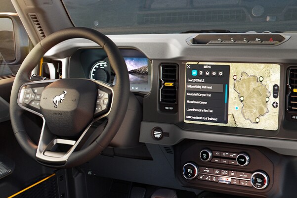Interior of the 2021 Ford Bronco 4 door with the roof off