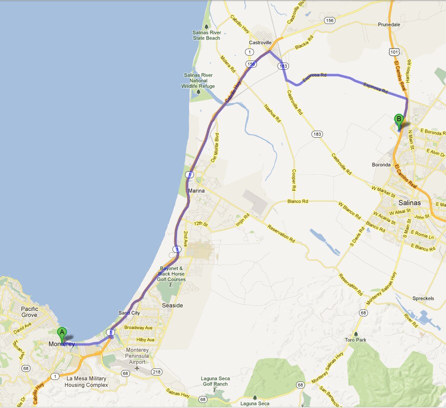 Monterey, CA to MY Jeep Chrysler Dodge Ram - Google Maps