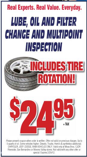 Lube, Oil, and Filter Change, and Multipoint Inspection, Includes a free tire rotation $24.95