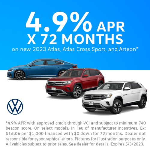 4.9% APR for 72 Months on New 2023 Atlas, Atlas Cross Sport and Arteon Models