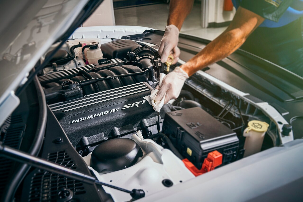 Oil Change examining oil dip stick