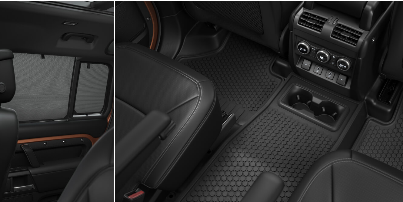Split interior views of a Land Rover Defender 110 S showing Ebony Resist leather seats.