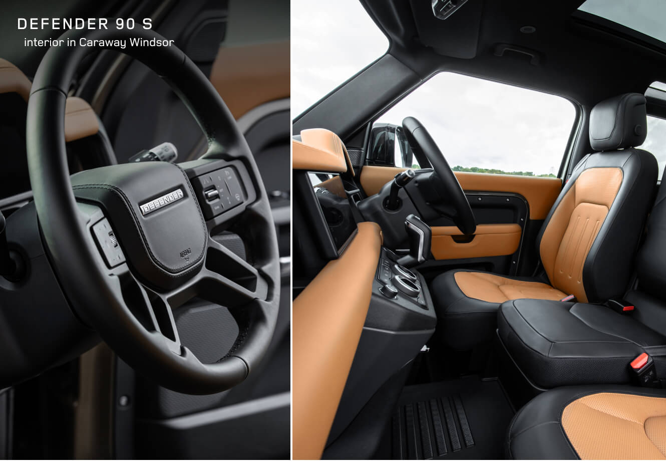 Split interior views of a Land Rover Defender 90 S showing Caraway Windsor leather interior.
