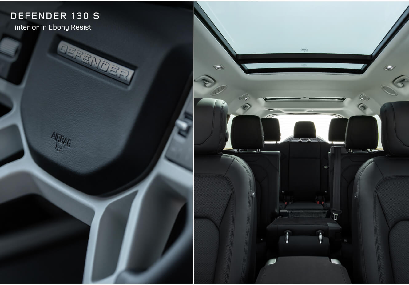 Split interior views of a Land Rover Defender 130 S showing Ebony Resist interior.