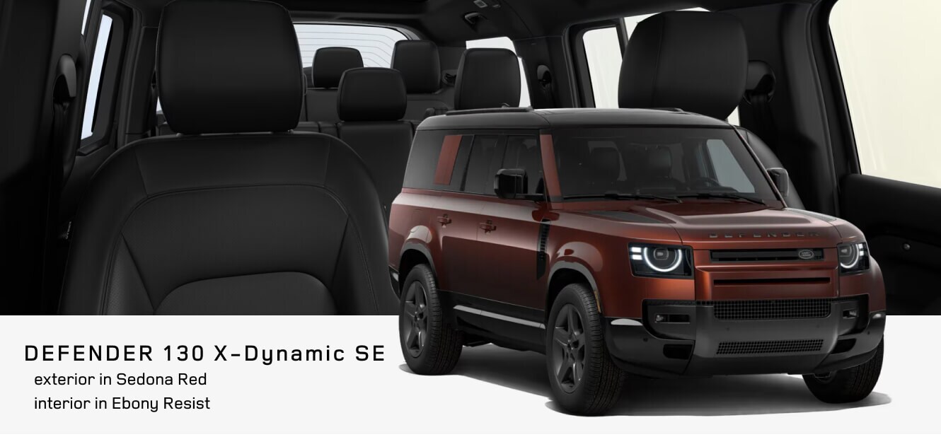 Interior cabin and front exterior view of a Land Rover Defender 130 X-Dynamic SE in Sedona Red showing Ebony Resist interior.