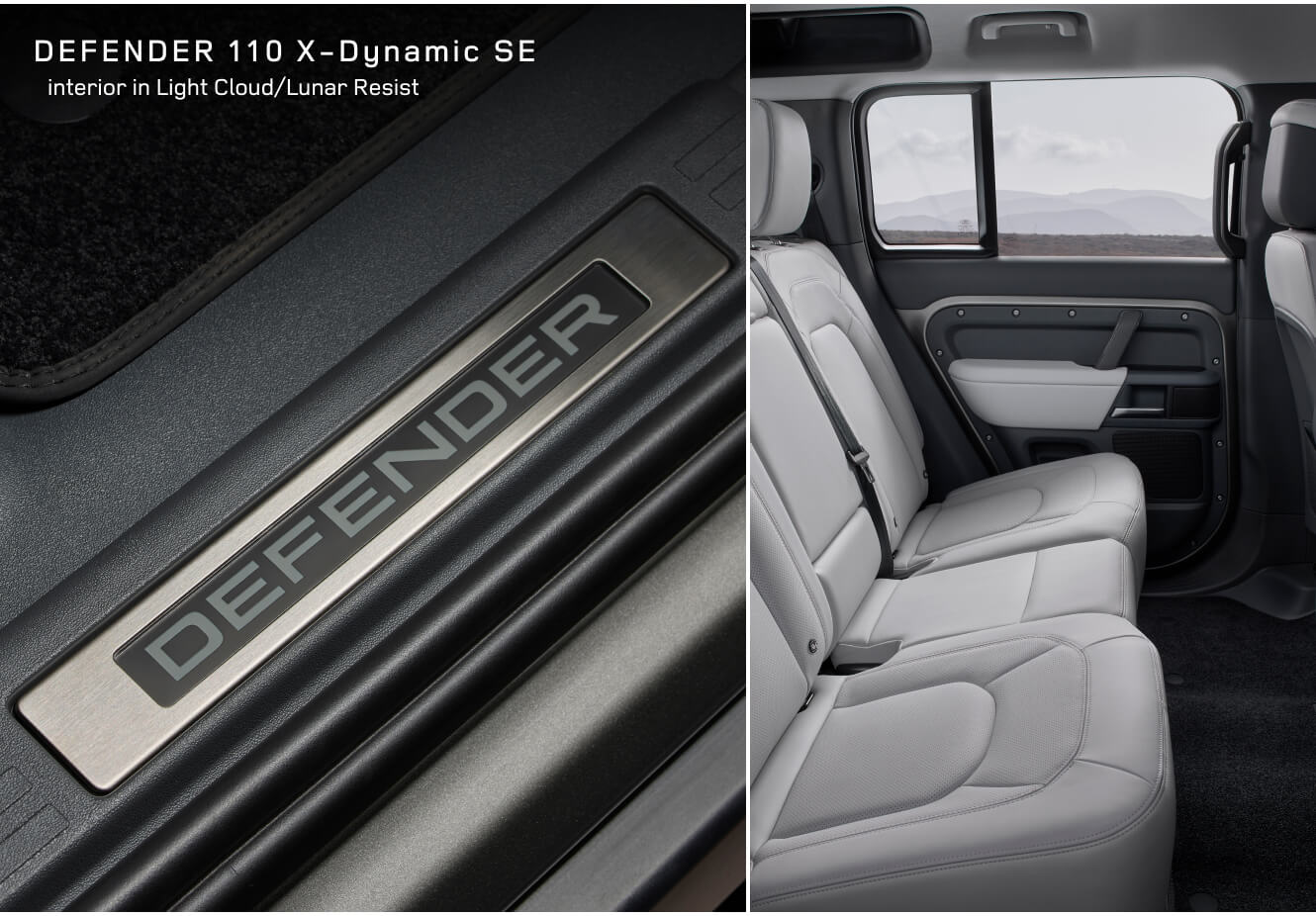 Split interior views of a Land Rover Defender 110 X-Dynamic SE showing Light Cloud and Lunar Resist interior.