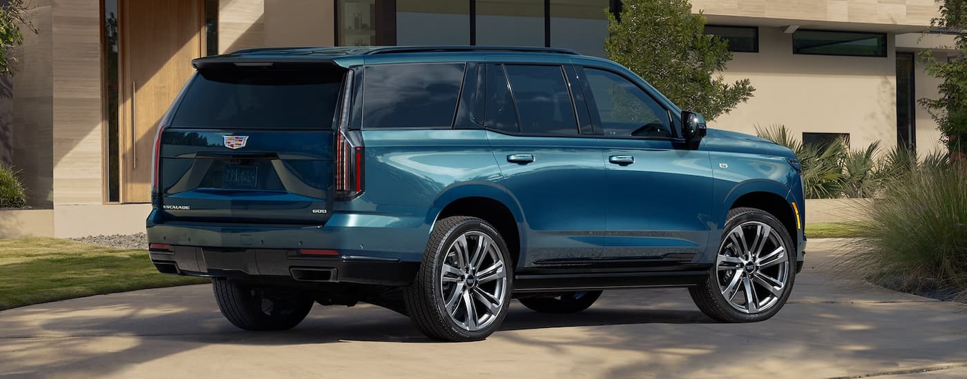 Rear of a dark green 2026 Cadillac Escalade parked outside a building.