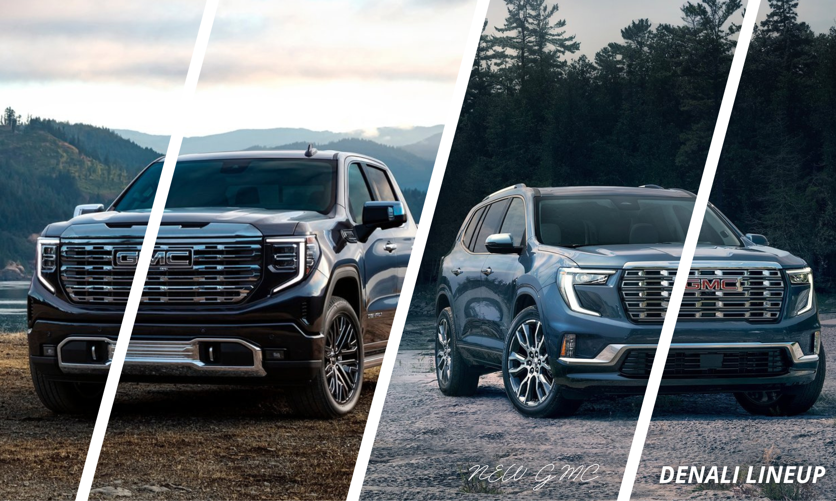 Four piece collage image of a 2024 GMC Sierra 1500 Denali Ulimate truck and a 2024 GMC Acadia Denali SUV with the words 'New GMC Denali Lineup' written on the bottom right corner