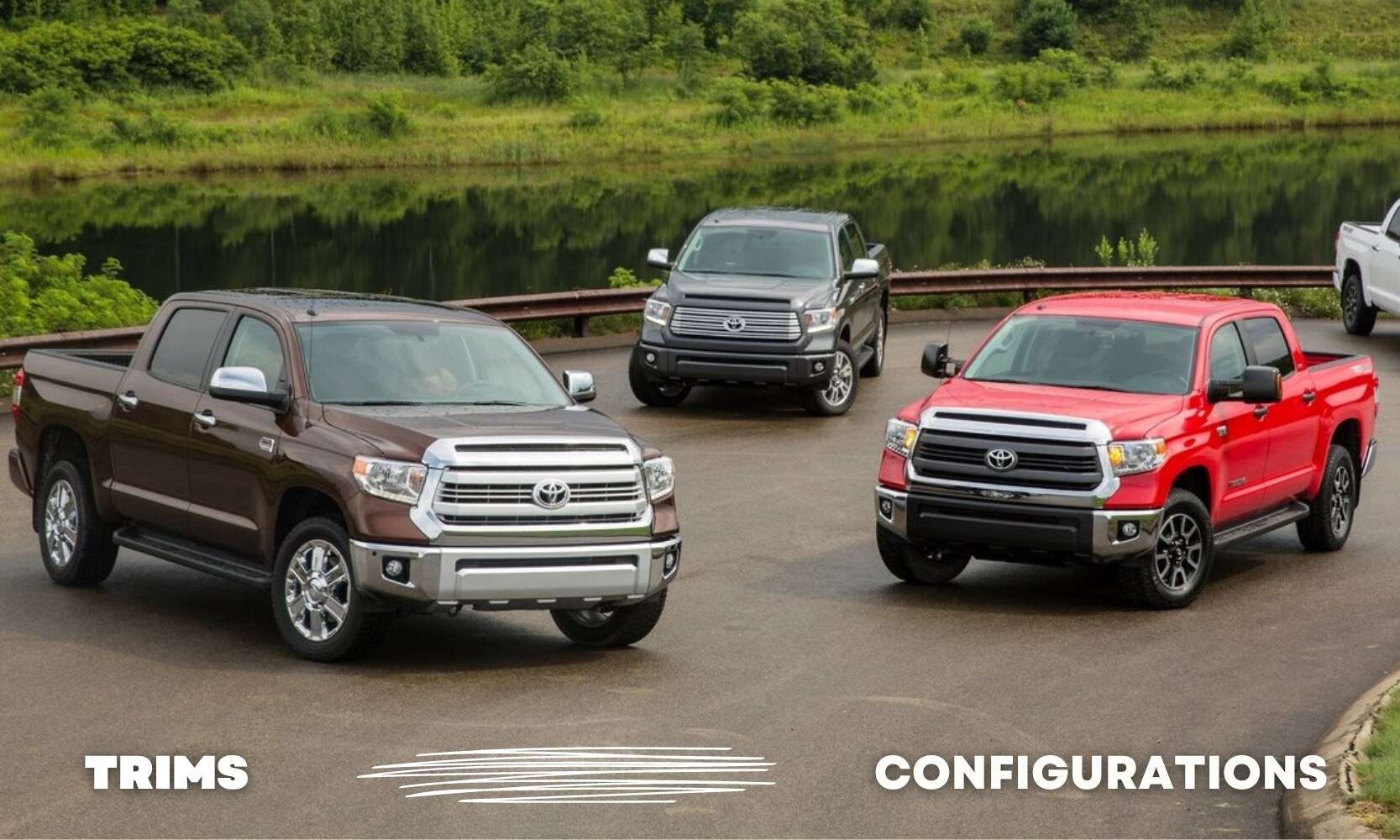 Three used Toyota Tundra trucks of different trims and configurations parked on the side of a road by a lake