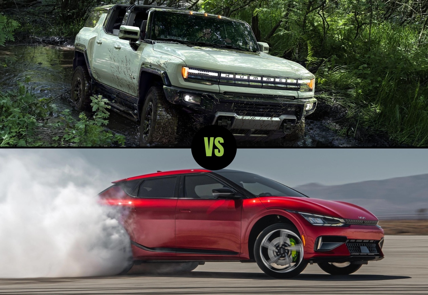Image comparing the 2024 GMC Hummer EV SUV exterior on top to the 2023 Kia EV6 exterior on bottom