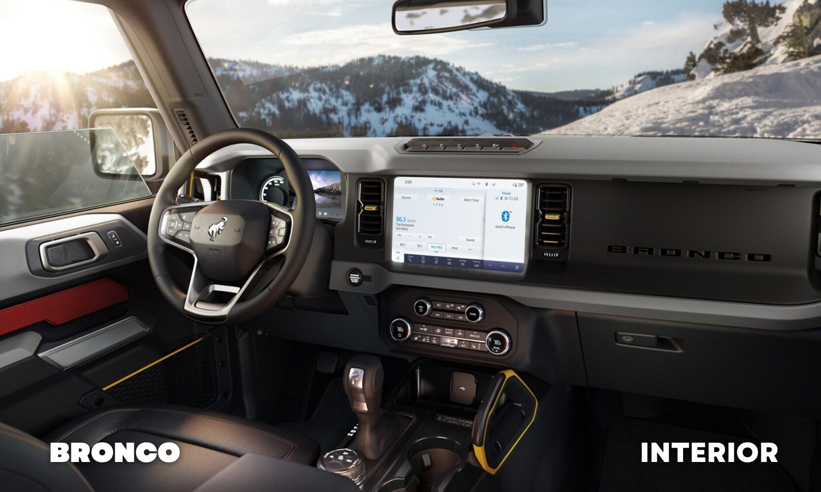 Image of the interior cabin of a Ford Bronco Badlands model as seen from the passenger seat