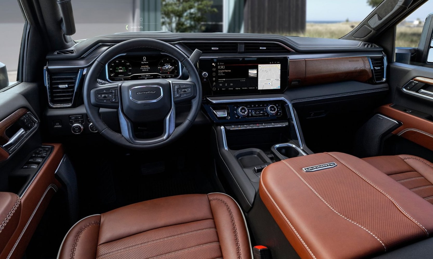 Front interior cabin inside the 2024 GMC Sierra HD truck from the driver seat point of view