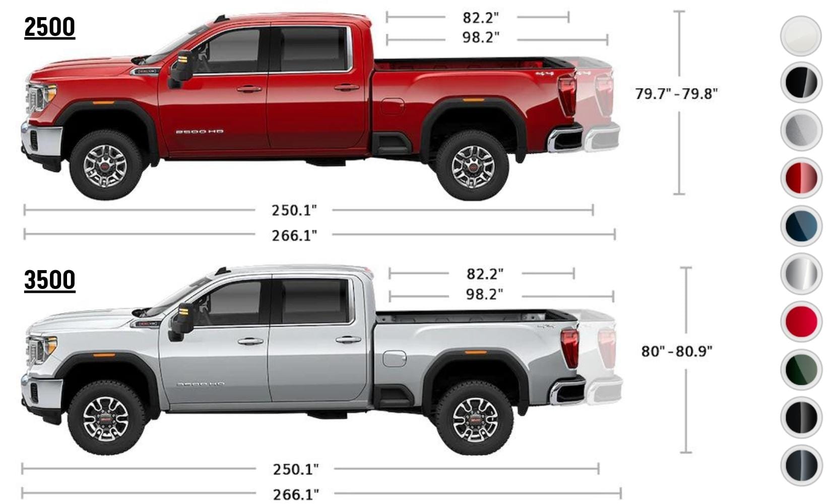 Illustration showing the exterior dimensions and color options of the GMC Sierra 2500 HD and 3500 HD truck
