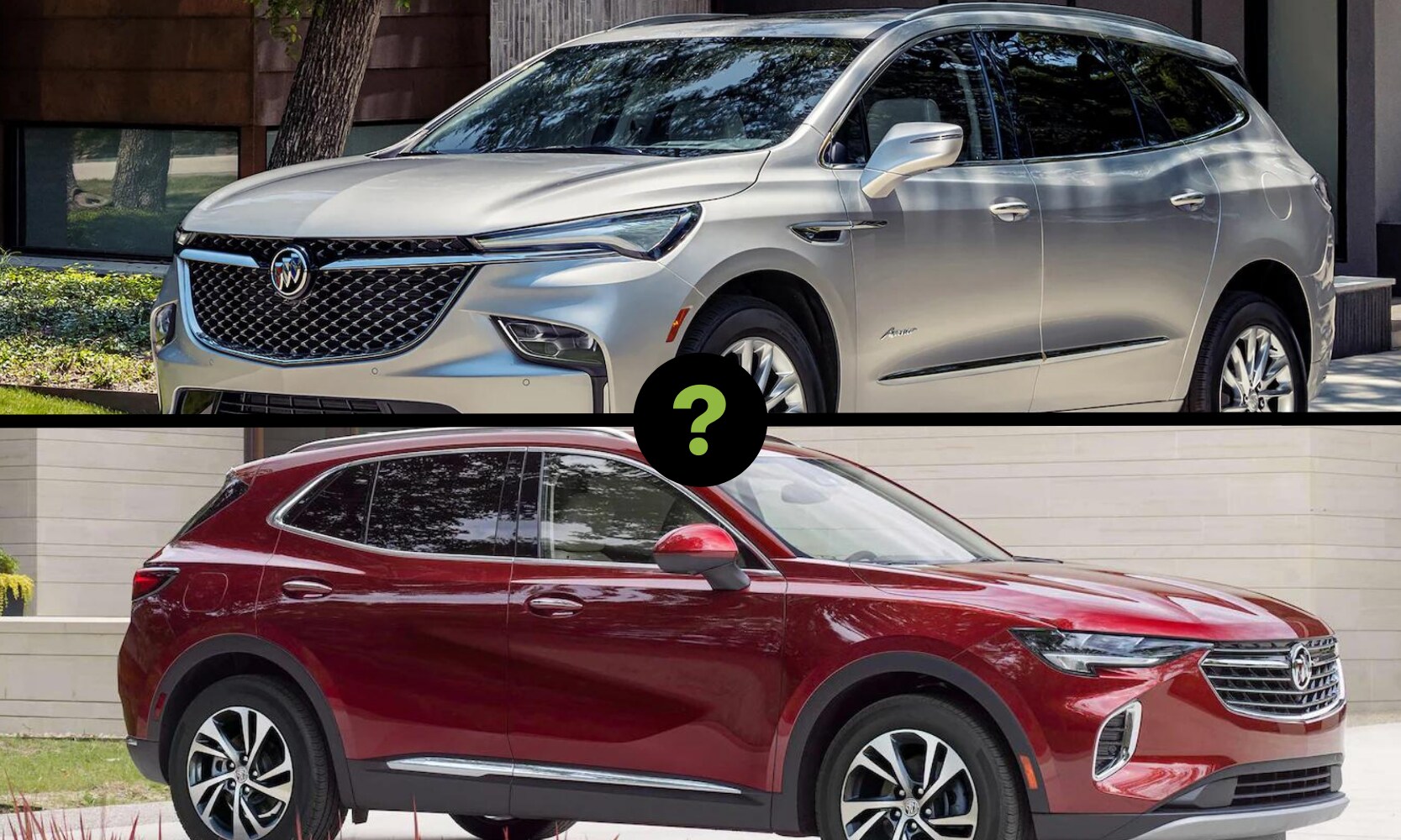 2022 Buick Enclave or 2022 Buick Envision Comparison - Octane Buick GMC of Santa Fe.png Exterior of the 2022 Buick Enclave SUV on top compared to the 2022 Buick Envision SUV on bottom