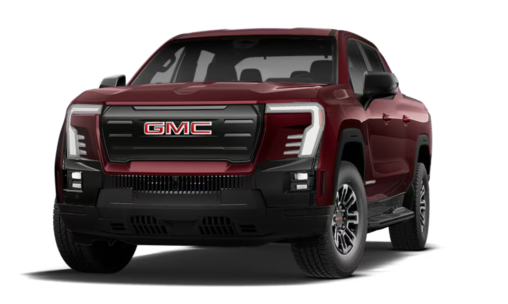 2026%20GMC%20Sierra%20EV%20Elevation%20-%20Octane%20GMC%20of%20Santa%20Fe.png Exterior front angle image of a maroon 2026 GMC Sierra EV Elevation parked on a white background