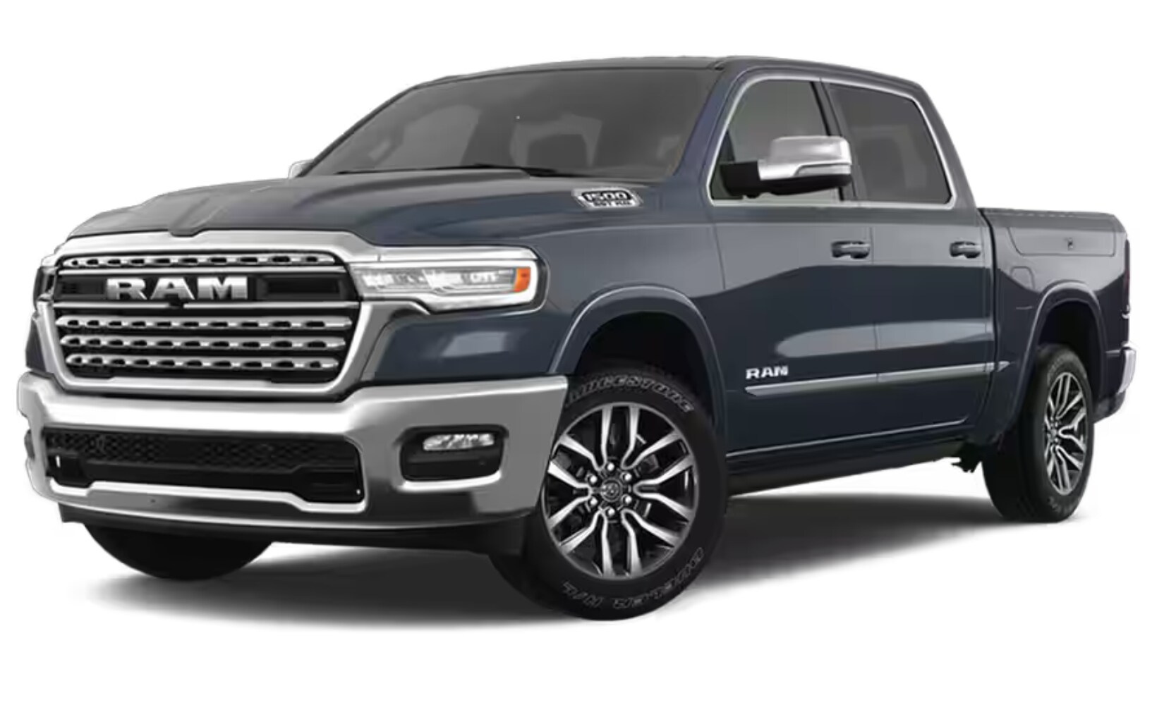 2025%20GMC%20Sierra%201500%20vs.%202025%20RAM%201500%20-%202025%20RAM%201500%20Limited%20-%20Octane%20GMC%20of%20Santa%20Fe.jpg Exterior front side angle image of a navy blue 2025 RAM 1500 Limited parked on a white background