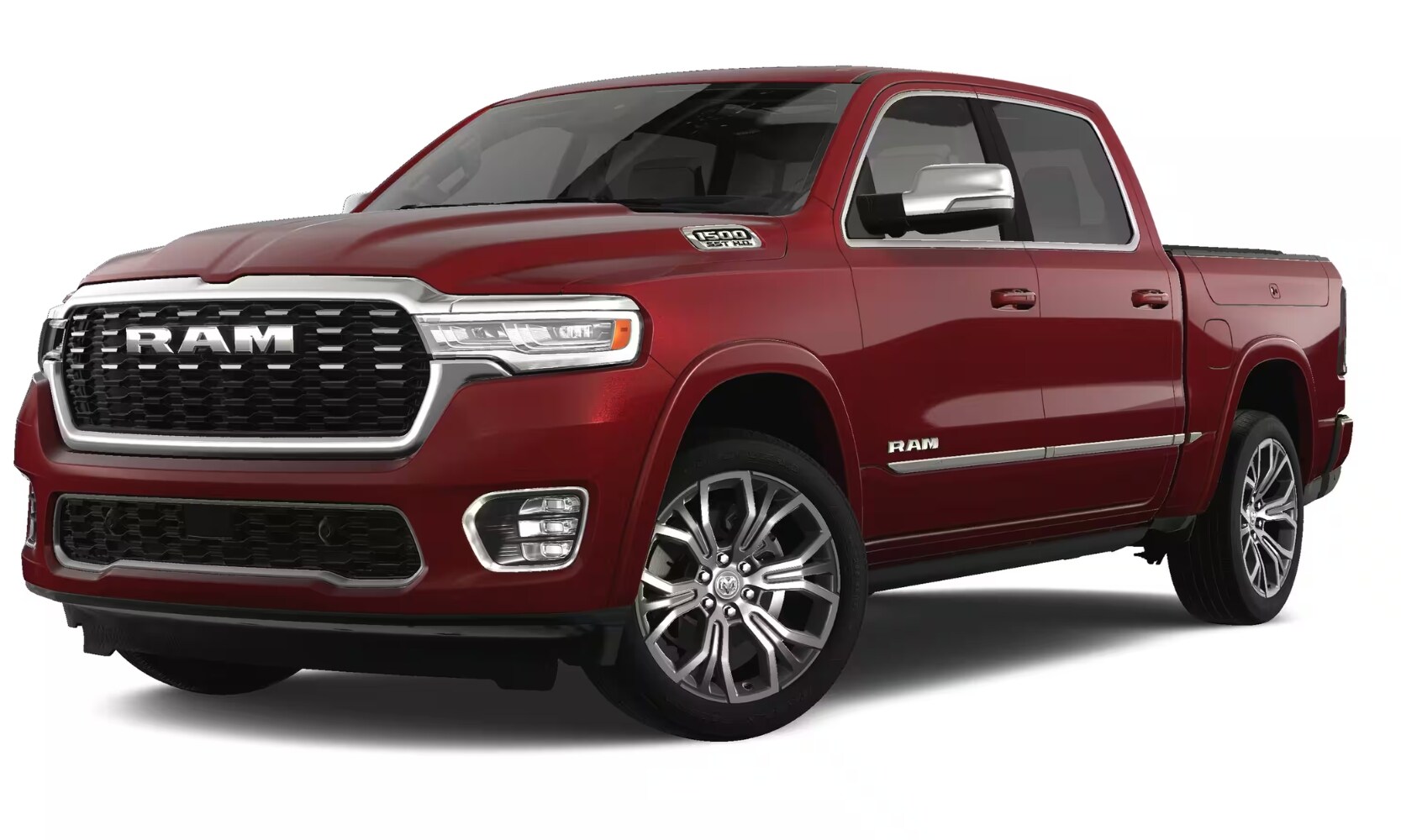 2025%20GMC%20Sierra%201500%20vs.%202025%20RAM%201500%20-%202025%20RAM%201500%20Tungsten%20-%20Octane%20GMC%20of%20Santa%20Fe.jpg Exterior front side angle image of a red 2025 RAM 1500 Tungsten parked on a white background