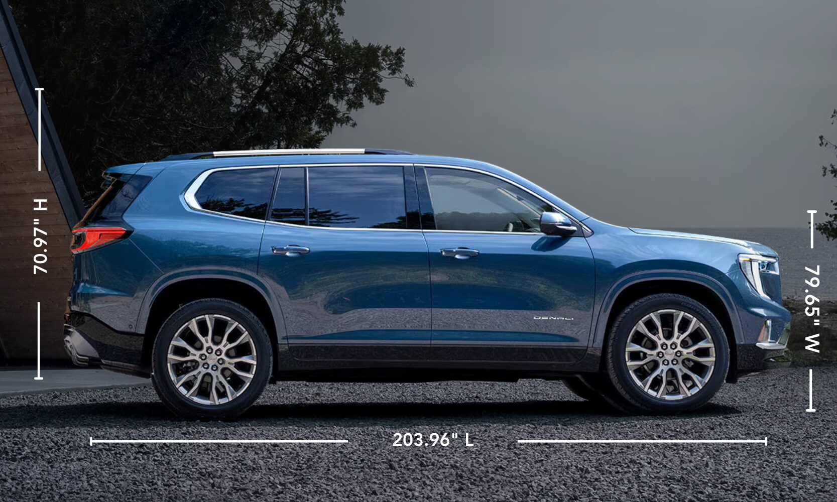 2026%20GMC%20Acadia%20Exterior%20-%20Octane%20GMC%20of%20Santa%20Fe.png Exterior side image graphic of a blue 2026 GMC Acadia Denali parked on a gravel driveway with its dimensions shown