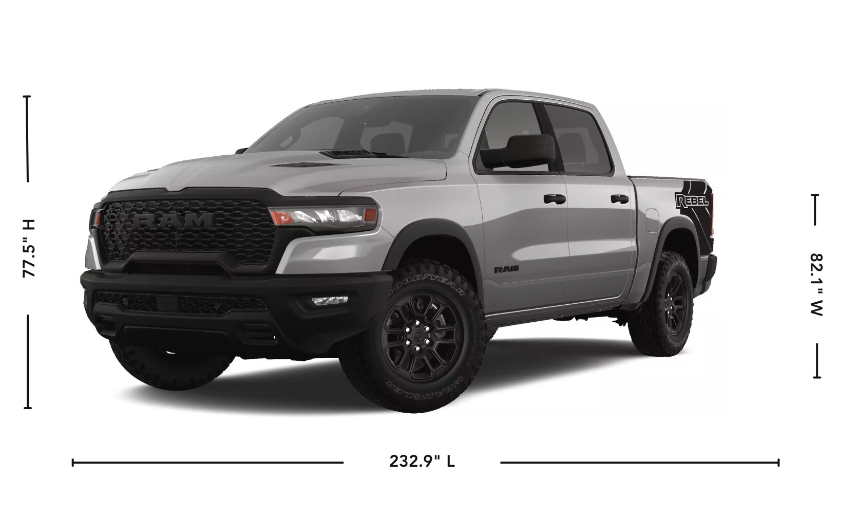 2025%20GMC%20Sierra%201500%20vs.%202025%20RAM%201500%20-%202025%20RAM%201500%20Exterior%20-%20Octane%20GMC%20of%20Santa%20Fe.jpg Exterior side angle graphic of a gray 2025 RAM 1500 with its specs displayed parked on a white background