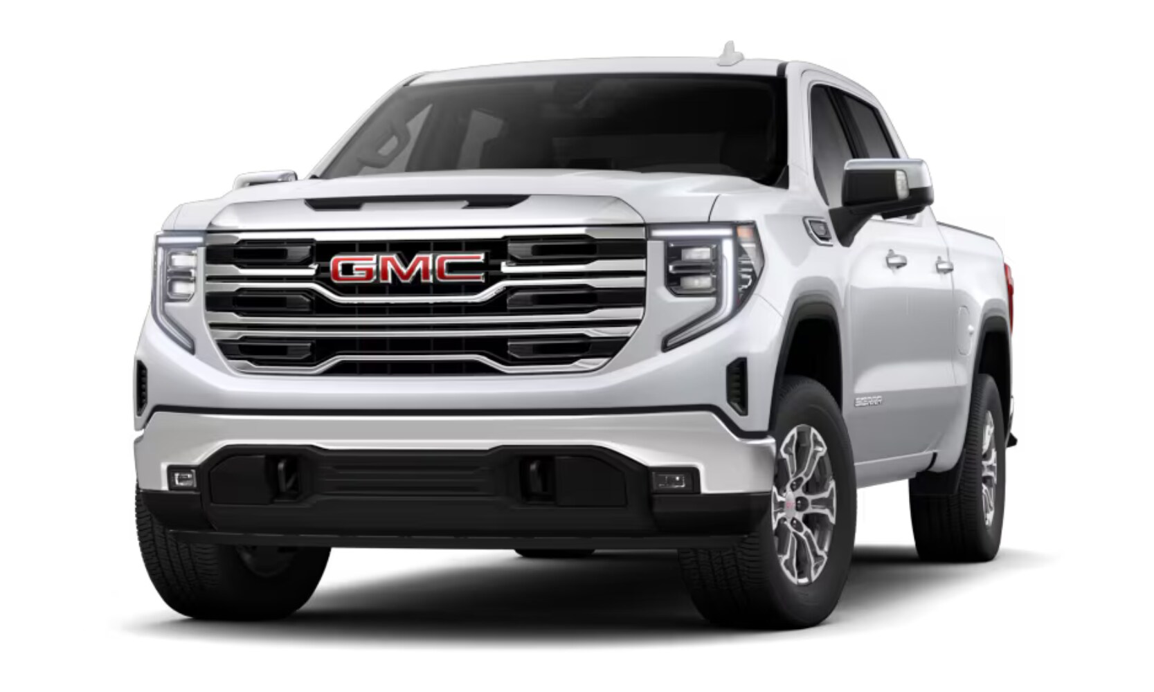 2026%20GMC%20Sierra%201500%20SLT%20-%20Octane%20GMC%20of%20Santa%20Fe.png Exterior front angle image of a white 2026 GMC Sierra 1500 SLT parked on a white background