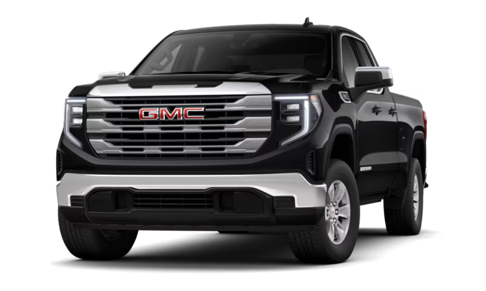 2026 GMC Sierra 1500 SLE- Octane GMC of Santa Fe.png Exterior front angle image of a black 2026 GMC Sierra 1500 SLE parked on a white background