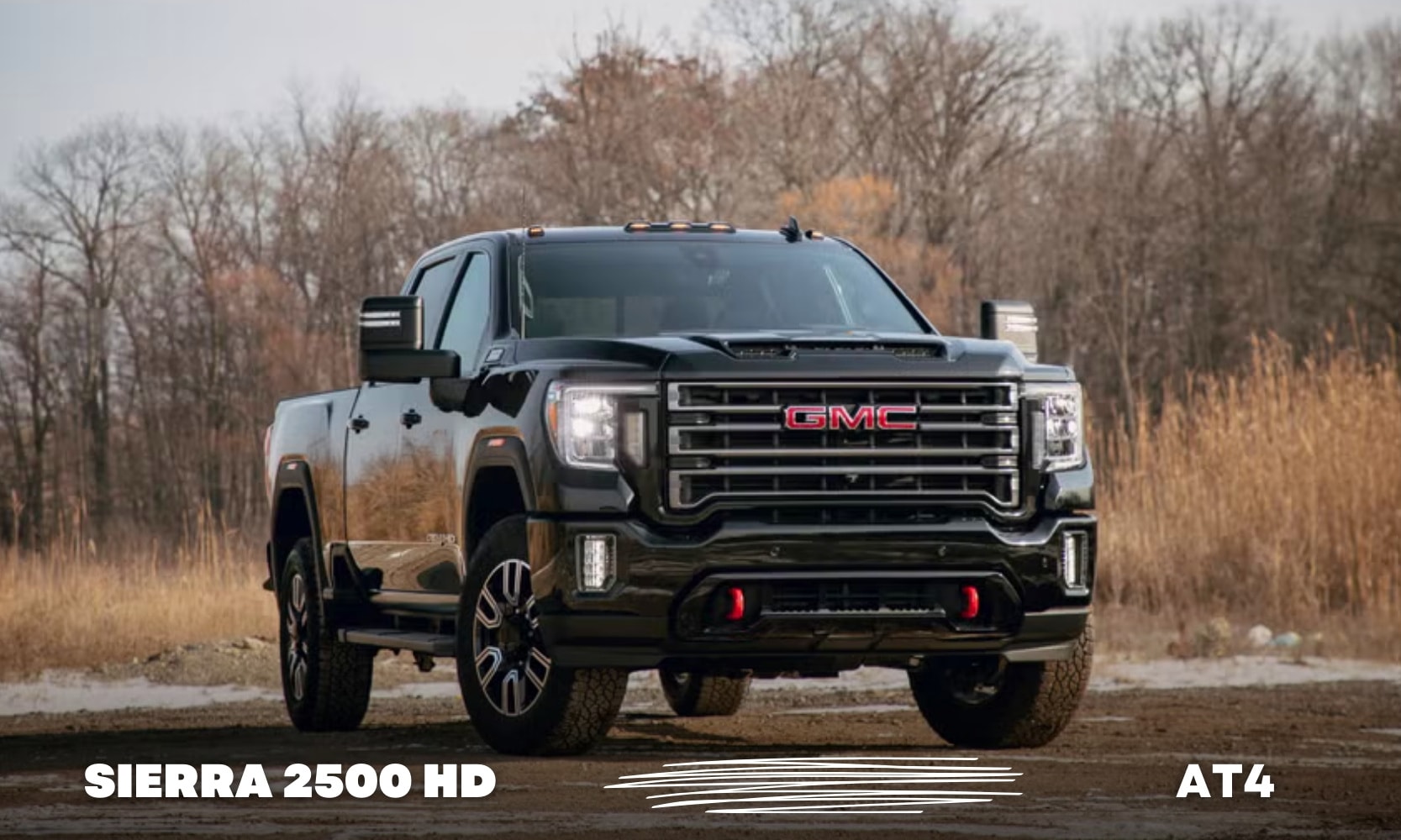 image of a 2012 GMC Sierra 2500 HD AT4 Truck on a dirt road in front of trees and tall grass