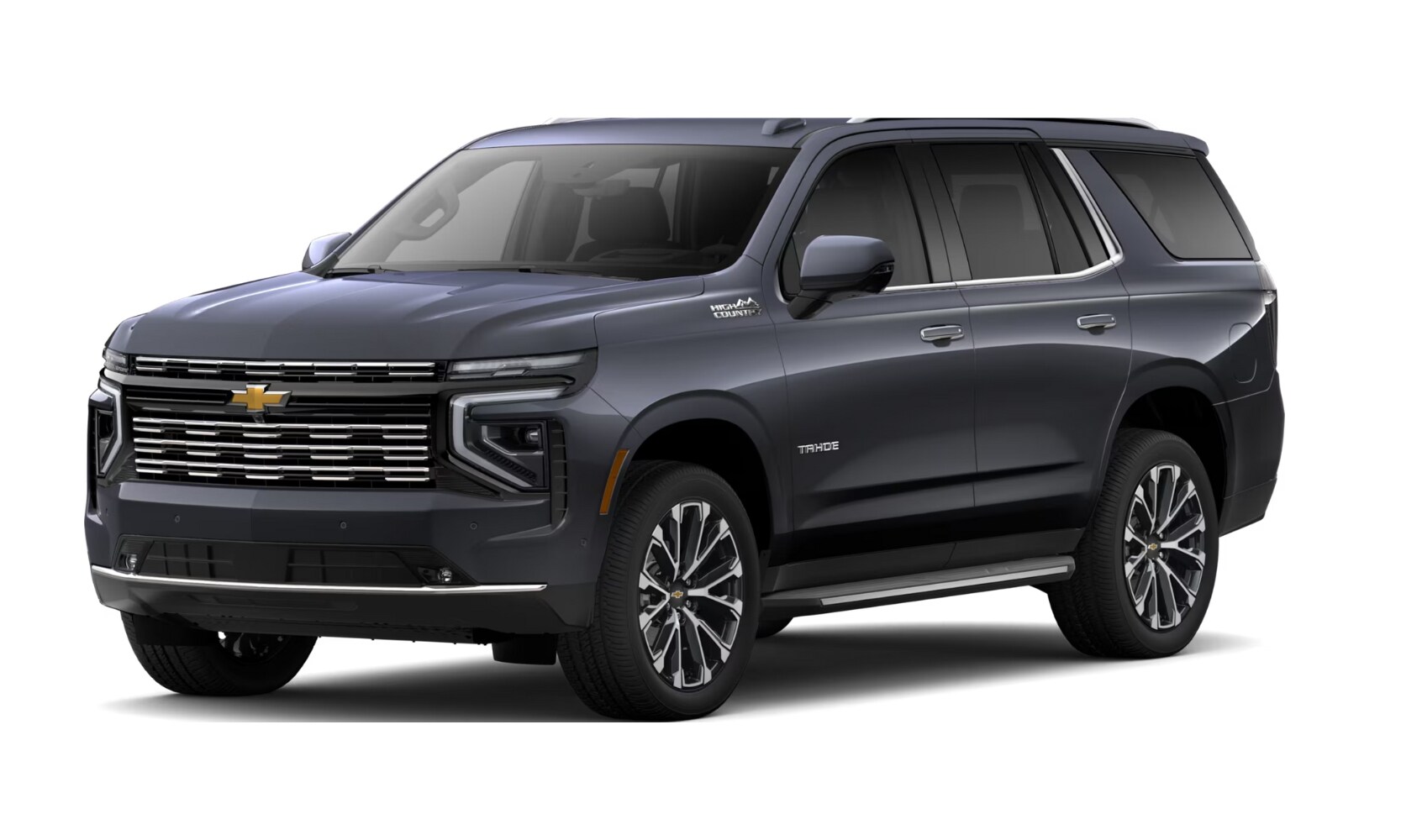 2025%20GMC%20Yukon%20vs.%202025%20Chevrolet%20Tahoe%20-%202025%20Chevy%20Tahoe%20High%20Country%20-%20Octane%20GMC%20of%20Santa%20Fe.jpg Exterior front side angle image of a dark blue 2025 Chevy Tahoe High Country parked on a white background