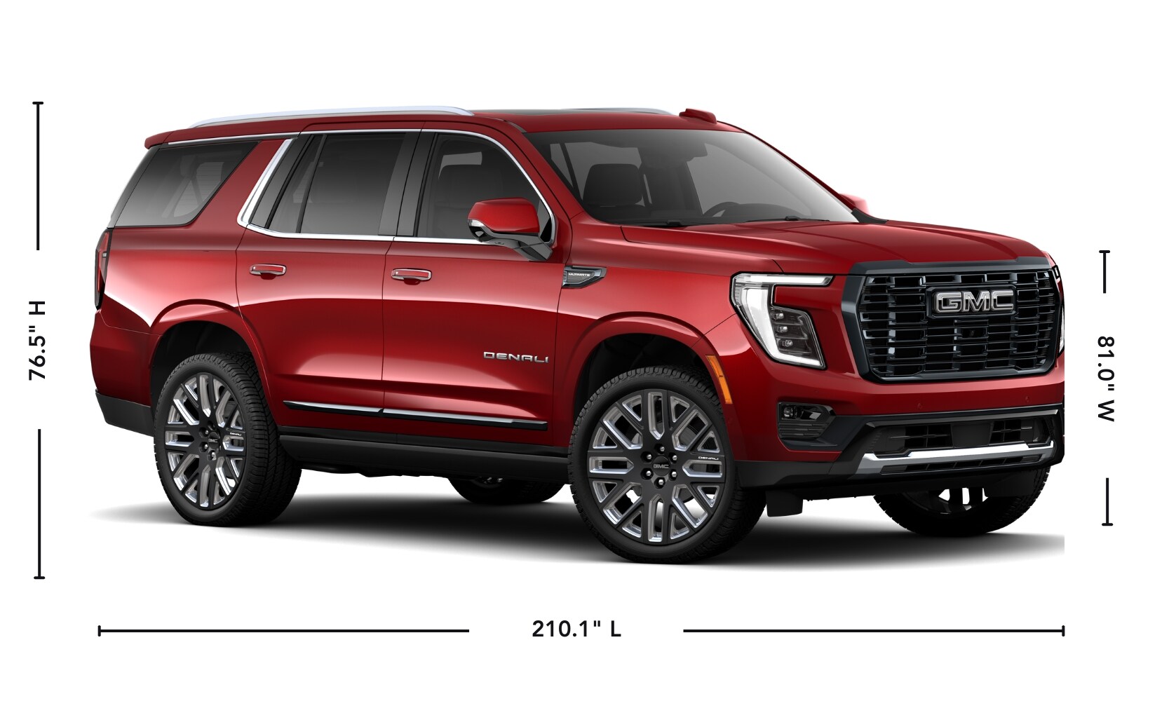 2025%20GMC%20Yukon%20vs.%202025%20Chevrolet%20Tahoe%20-%202025%20GMC%20Yukon%20Exterior%20Comparison%20-%20Octane%20GMC%20of%20Santa%20Fe.jpg Exterior side image graphic of a red 2025 GMC Yukon parked on a white background with its specs displayed