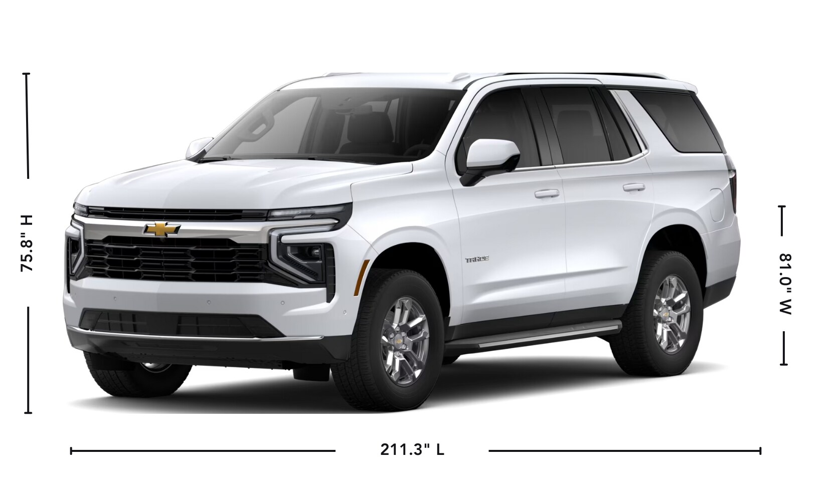 2025%20GMC%20Yukon%20vs.%202025%20Chevrolet%20Tahoe%20-%202025%20Chevrolet%20Tahoe%20Exterior%20Comparison%20-%20Octane%20GMC%20of%20Santa%20Fe.jpg Exterior side image graphic of a white 2025 Chevy Tahoe parked on a white background with its specs displayed