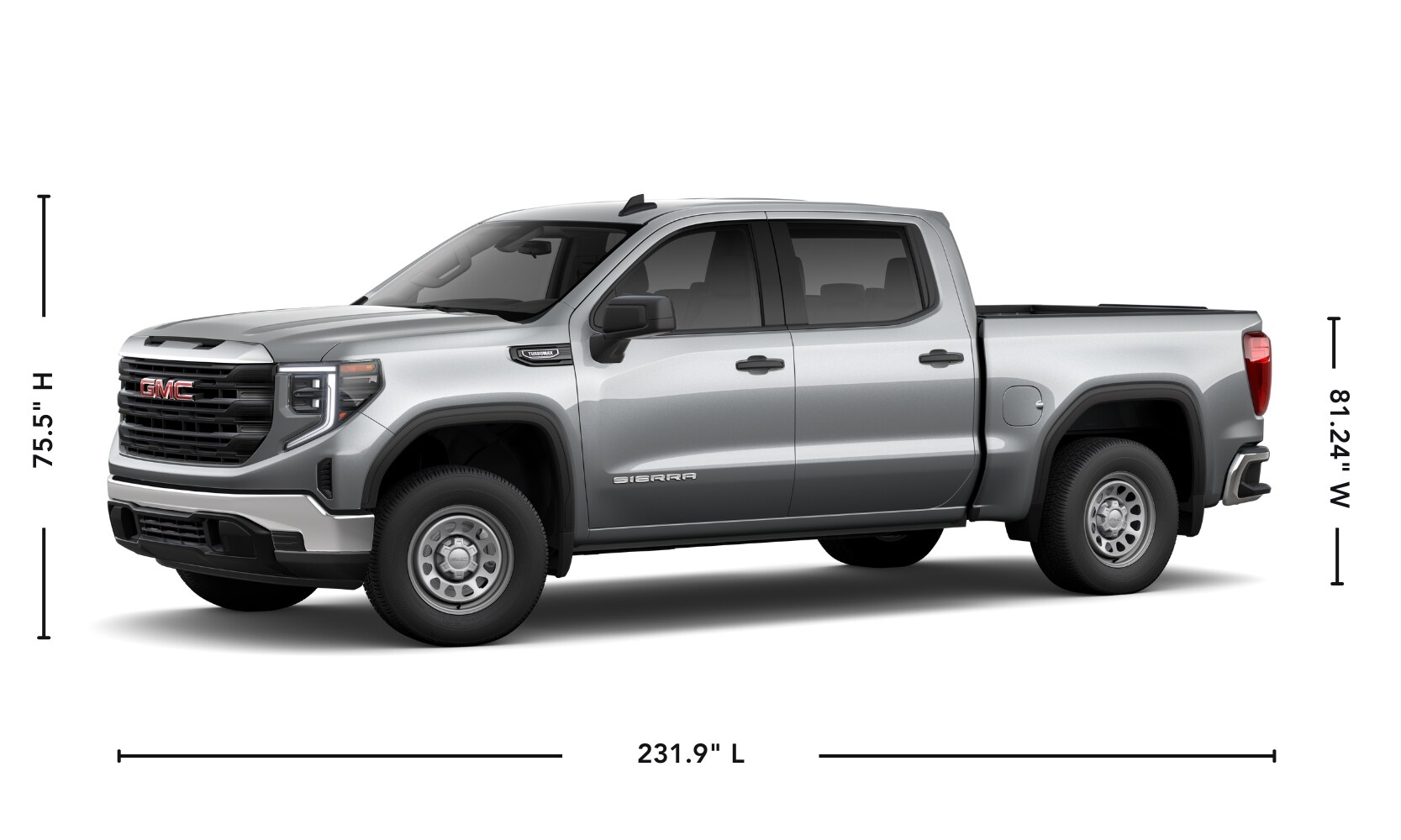 2025%20GMC%20Sierra%201500%20vs.%202025%20RAM%201500%20-%202025%20GMC%20Sierra%201500%20Exterior%20-%20Octane%20GMC%20of%20Santa%20Fe.jpg Exterior side angle graphic of a silver 2025 GMC Sierra 1500 with its specs displayed parked on a white background