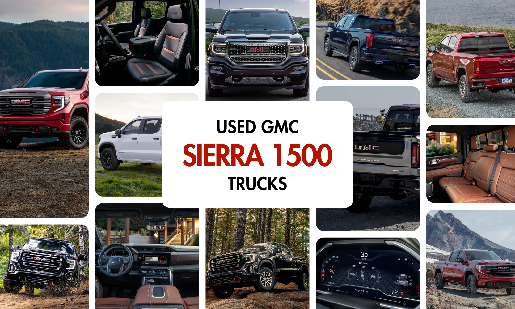 Best%20Used%20GMC%20Sierra%201500%20Trucks%20to%20Buy%20-%20Octane%20GMC%20of%20Santa%20Fe.png Collage of many used GMC Sierra Trucks of varying model years showing both exterior and interior views with the text Used GMC Sierra 1500 trucks overlay on the image