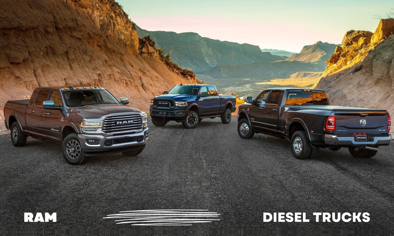 Image of Dodge Ram heavy duty diesel trucks with the words Ram Diesel trucks overlay on the image