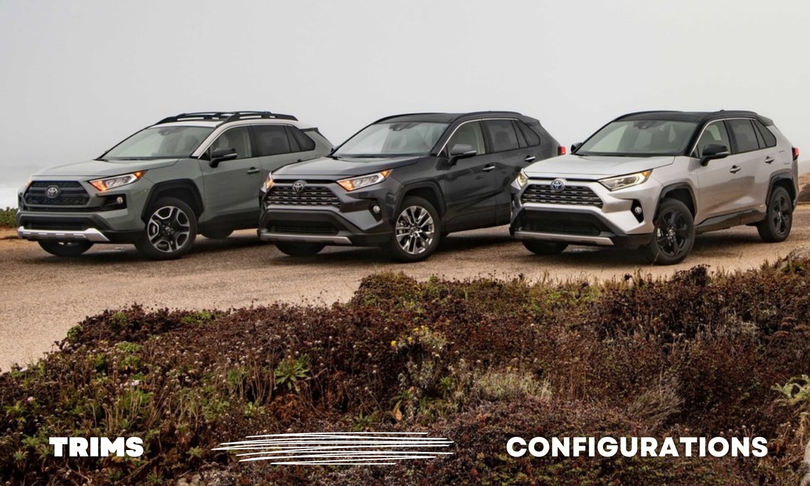 a trio of different used Toyota RAV4 SUVs one grey, one black and one silver of different trim levels