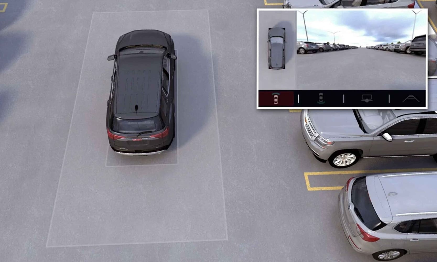 Illustration of the 360 camera view safety feature available on the 2023 GMC Terrain SUV