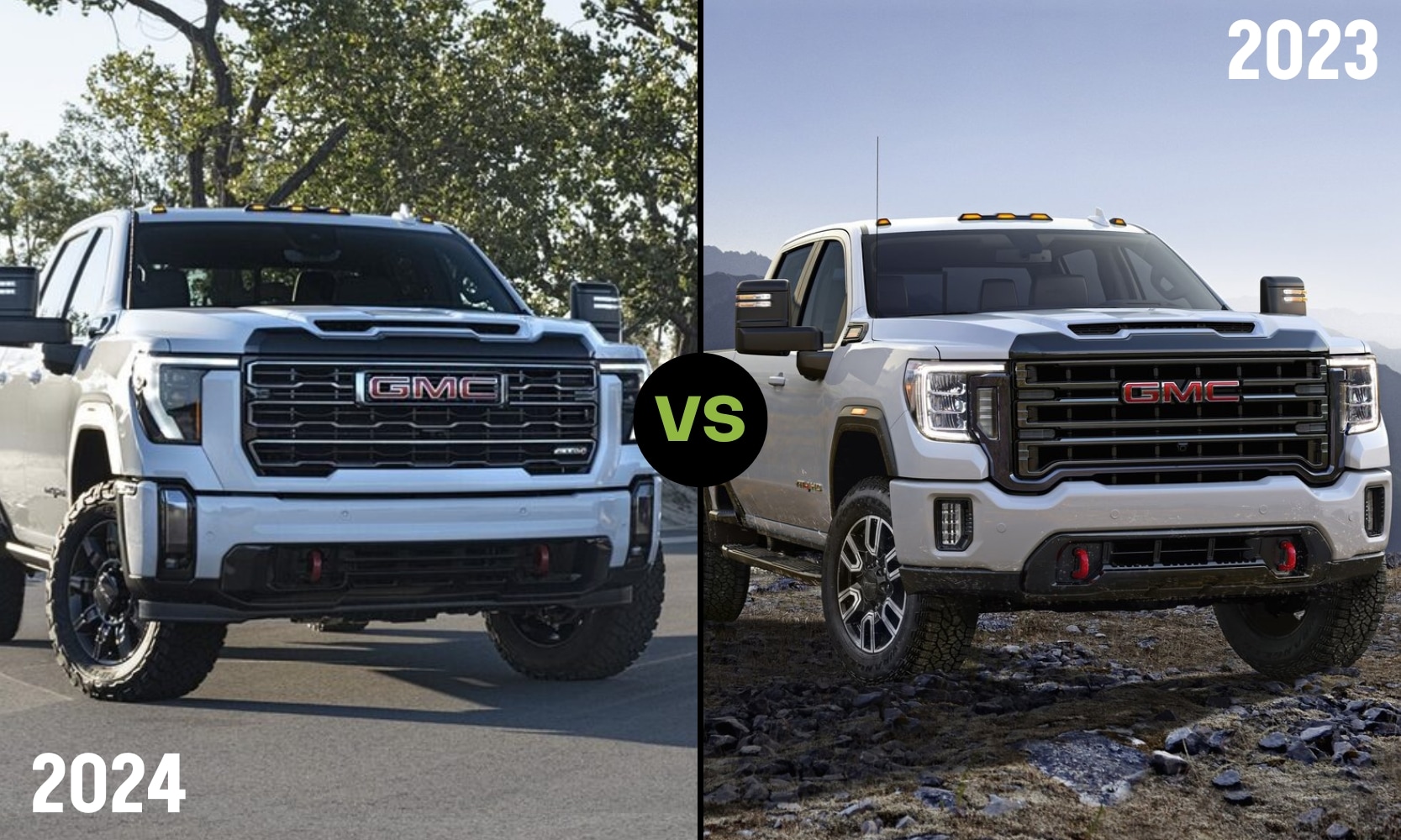 Side by side image comparing the 2024 GMC Sierra HD AT4 truck and the previous 2023 GMC Sierra HD AT4 truck