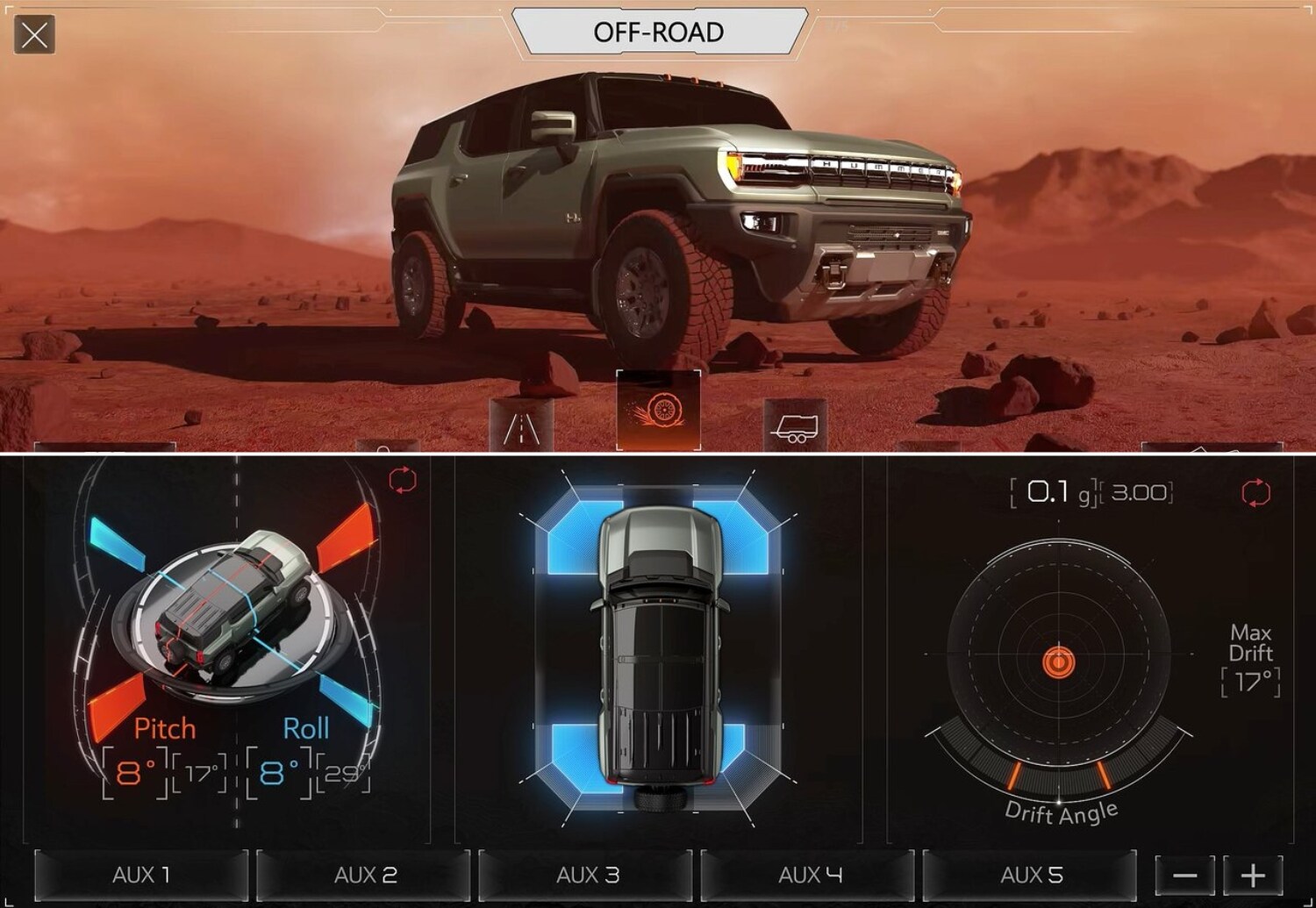 View of the different infotainment screens and instrument panels available inside the 2024 GMC Hummer EV SUV