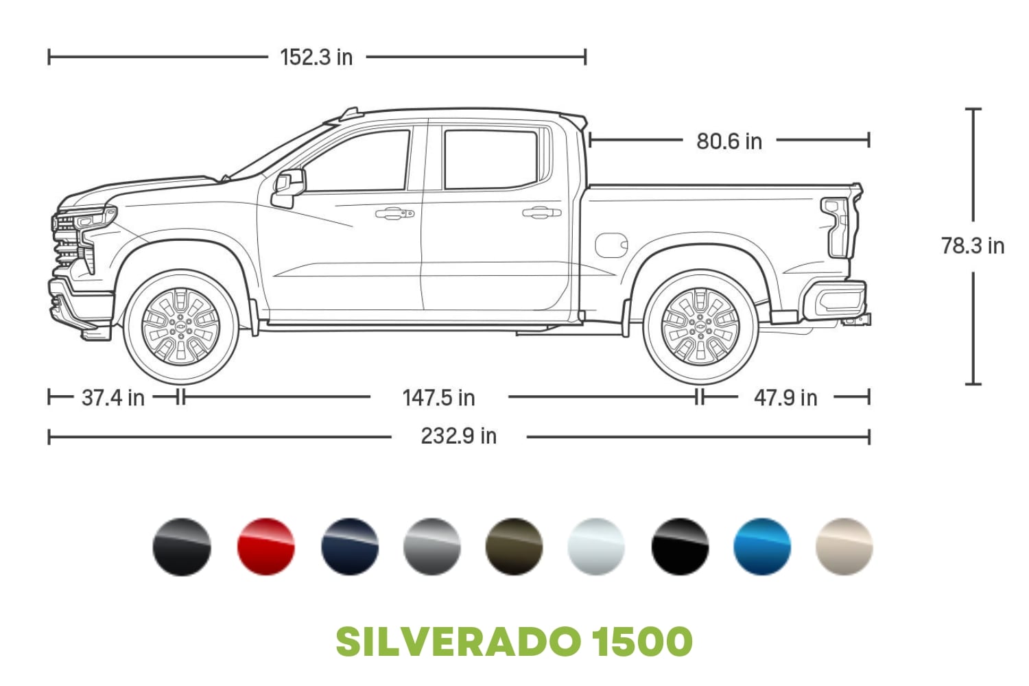 Illustration showing the exterior dimensions and color options for the 2023 Chevy Silverado 1500 truck